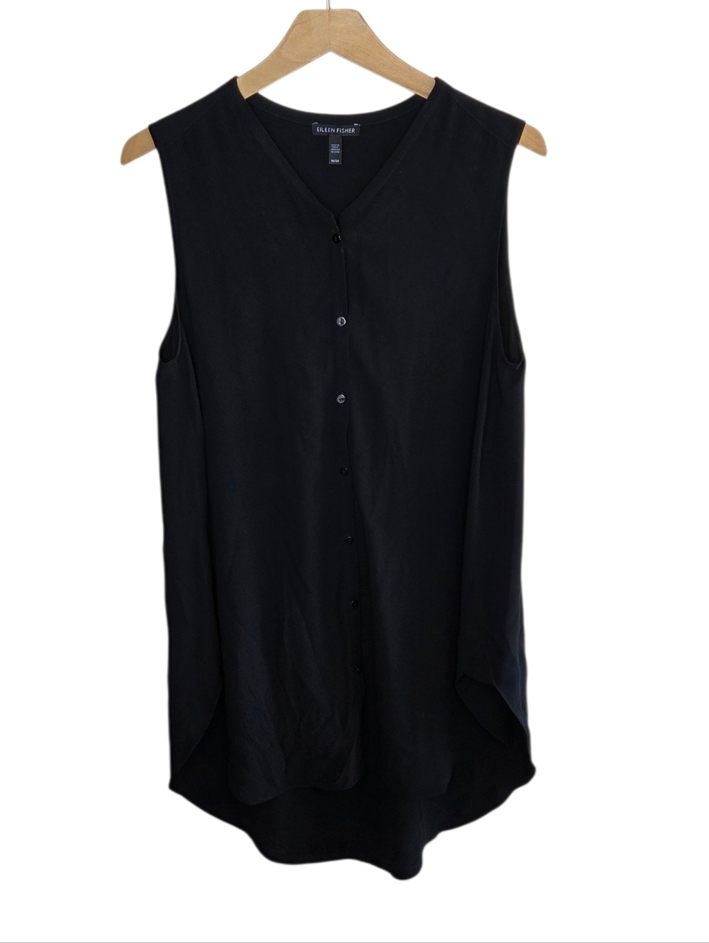 Eileen Fisher Black Silk Button Front V-neck Tunic Blouse Size Medium